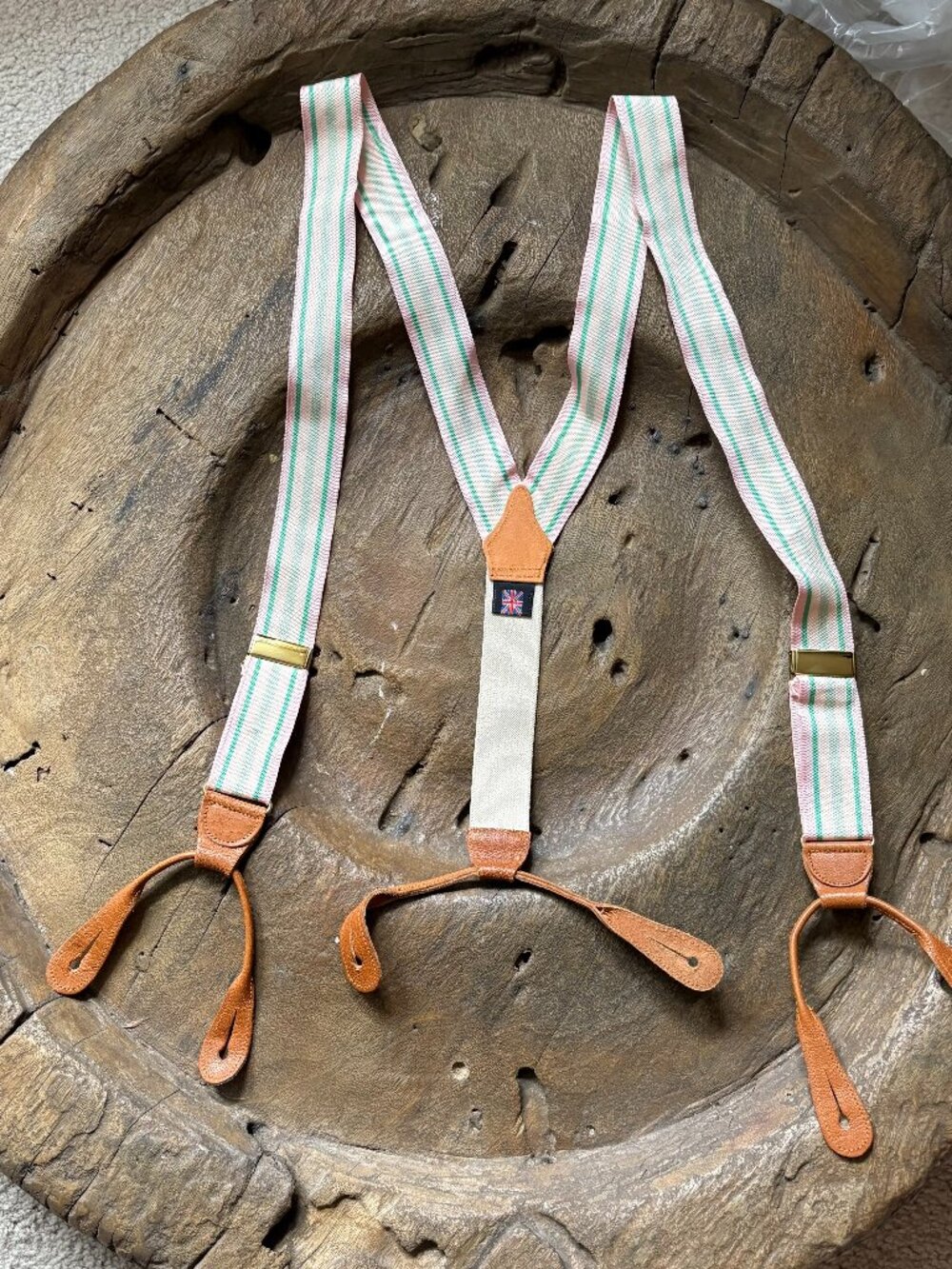 Albert Thurston London adjustable preppy striped leather brass suspenders braces